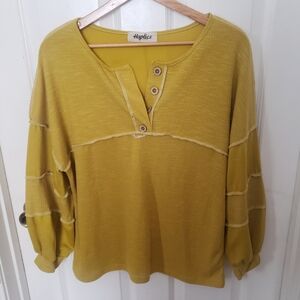 Haptics Mustard Faux Button Henley Long Baloon Sleeve Raw Hem Med waffle knit